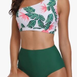 Tropical Leaf One-Shoulder Bikini Set